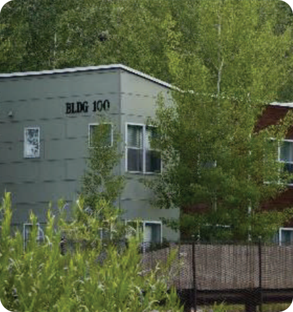 Exterior view of Burlingame Employee Housing Building 100 surrounded by trees in Aspen, Colorado